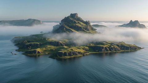Misty grassy island with rocky hills in tranquil waters