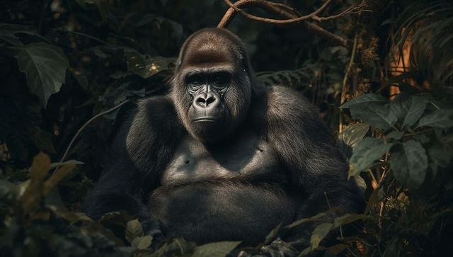 Adult silverback gorilla sitting in dense rainforest understory with dramatic warm rim light