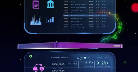 Futuristic floating smartphone displaying holographic finance dashboard neon cyber hud