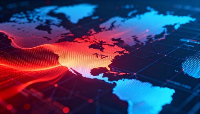 Holographic neon map highlighting americas with hex mesh and network data visualization