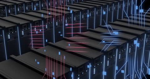 Digital Data Streams Flow Over Server Racks in Data Center
