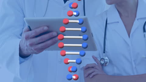 Doctors Reviewing Data with Spinning DNA Model Overlay