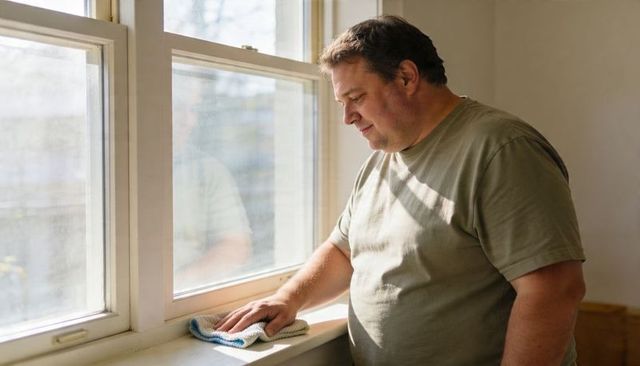 Man wiping window sill with cloth in sunlit home interior, home maintenance chore