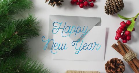 Happy New Year Greeting with Festive Decorations and Envelope - Download Free Stock Images Pikwizard.com