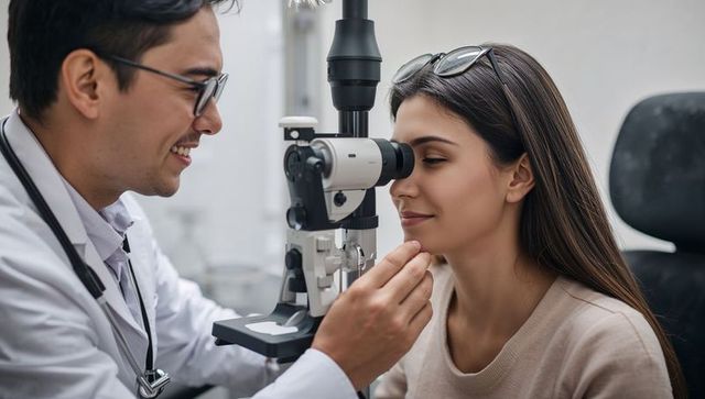 Optometrist using slit lamp for eye examination on patient