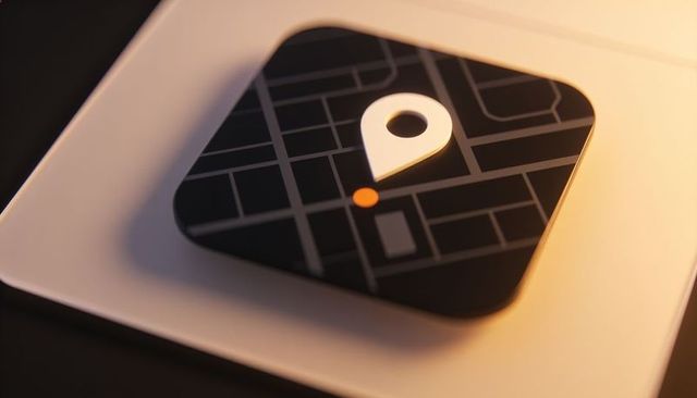 Minimalist map pin app icon hovering on white platform with orange location marker