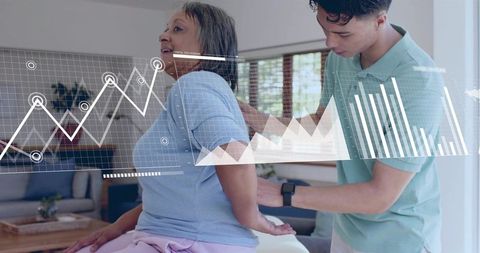 Caregiver assessing senior posture at home using smartwatch data overlay for rehabilitation