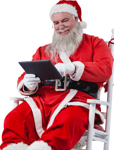 Transparent Santa Claus Using Digital Tablet Cheering Holiday Spirit