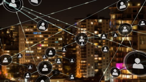 Digital Networking Over Urban City at Night