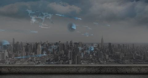 Futuristic Digital Interface Over Modern Urban Skyline