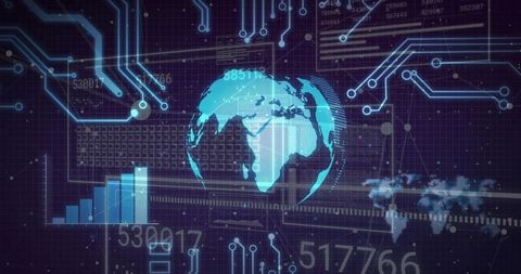Cyan holographic globe over digital circuit grid visualizing global data flow analytics