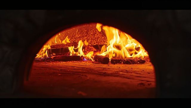 Roaring flames in traditional wood-fired pizza oven