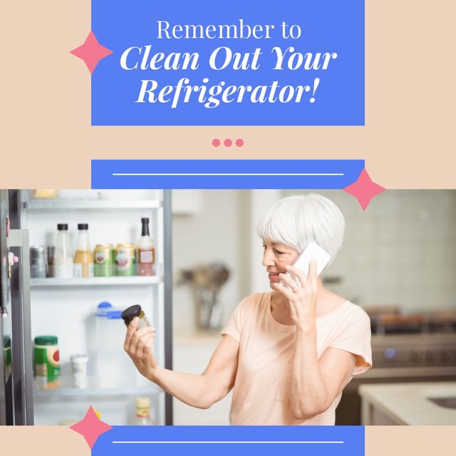 This image features a senior woman inspecting a jar from an open refrigerator while holding a phone, emphasizing clean-out practices in a modern kitchen. Ideal for articles or campaigns on healthy living, senior lifestyle, kitchen organization, and home maintenance reminders.