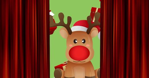 Reindeer peeking through curtains with holiday gifts