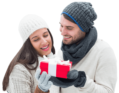 Couple Holding Christmas Gift on Transparent Holiday Background