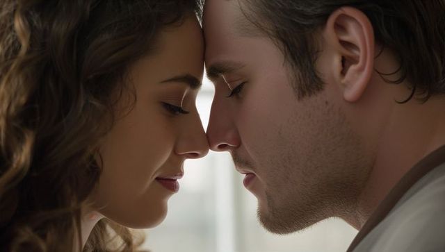 Intimate couple touching foreheads in soft backlit room conveying tender connection