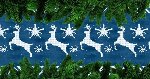 Fir branches framing christmas reindeer knit pattern