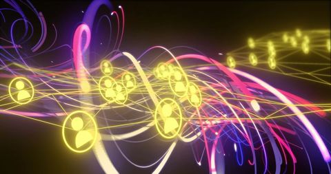 Abstract digital network with people icons and light trails
