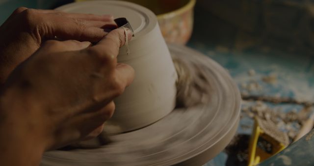 Over the shoulder view of a young Caucasian female potter turning a clay dish on a potters wheel and shaping it with a tool in a pottery studio