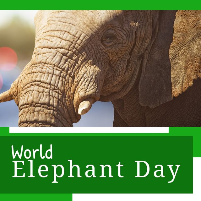 Digital composite image of close-up of elephant and world elephant day text on green background. Copy space, sunlight, animal, wildlife, awareness and protection concept.