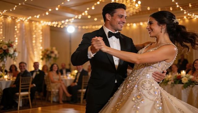 Newlyweds dancing first dance under twinkling lights in elegant ballroom