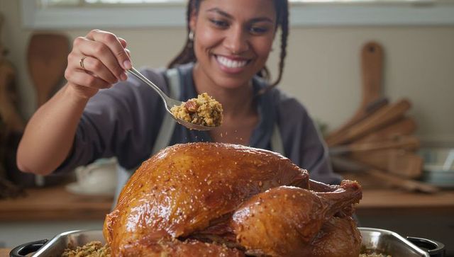 Filling roasted turkey with savory stuffing for holiday feast and family dinner
