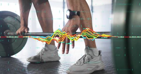Athlete Preparing for Deadlift with Fitness Data Overlay