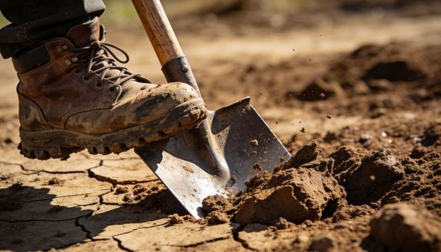 Boot pressing shovel into dry cracked soil, worker breaking hard ground close-up