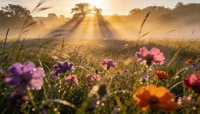 Dewy wildflower meadow catching golden sunrise rays through misty trees, sparkling dew