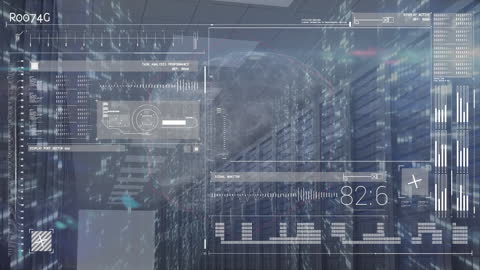 Digital Data Interface and Spinning Globe in Server Room
