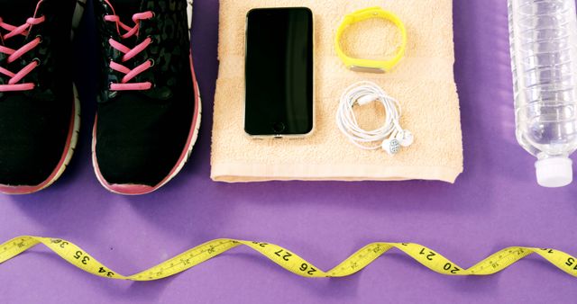 Fitness Accessories on Purple Background with Measuring Tape - Download Free Stock Images Pikwizard.com