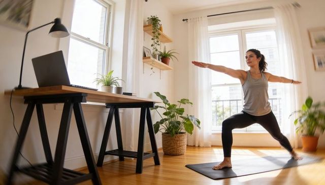 Woman practicing warrior ii yoga in sunlit home office with laptop and plants