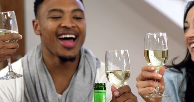 Friends cheering with white wine at home