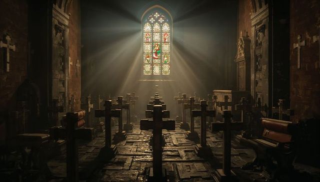 Casting stained-glass sunbeams in gothic chapel, wooden crosses lining solemn aisle