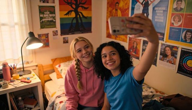 Teen friends taking selfie in cozy dorm room with posters, warm lamp light, casual style