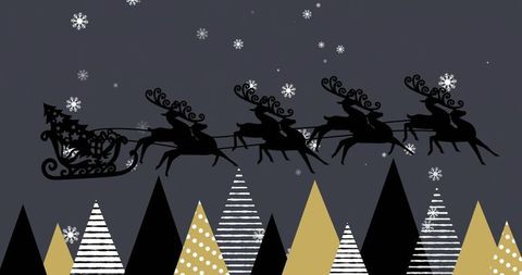 Santa sleigh soaring over geometric winter forest with reindeer silhouettes and snowflakes