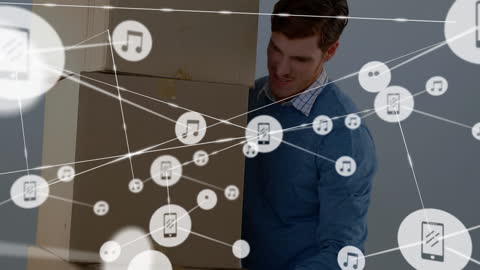 Man Carrying Boxes with Overlay of Music and Tech Icons