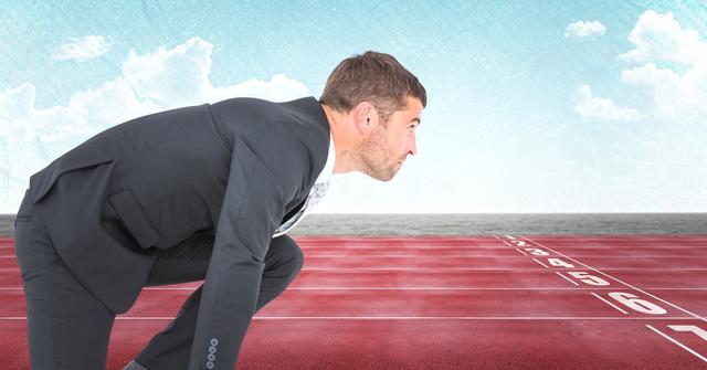 Businessman Ready at Starting Line on Running Track - Download Free Stock Photos Pikwizard.com