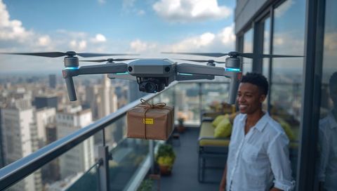 Autonomous drone delivering wrapped parcel to high-rise balcony overlooking city skyline