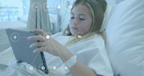 Child using tablet on hospital bed surrounded by floating digital healthcare icons