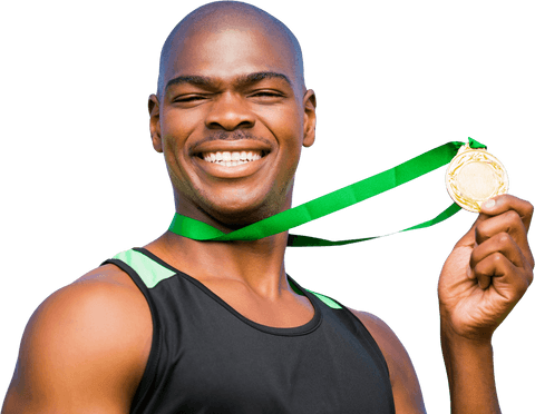 Smiling Athlete Holding Gold Medal Transparent Background