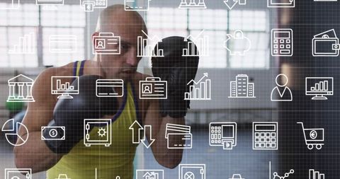 Boxer training guard with finance icon overlay showing focus and digital fintech strength