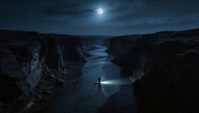 Wading angler casting under full moon in remote canyon river with headlamp beam