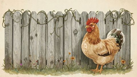 Majestic cartoon chicken standing by rustic wooden fence with vines and flowers