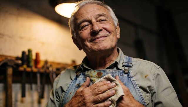 Senior craftsman smiling holding rag to chest in rustic workshop under warm lamp light