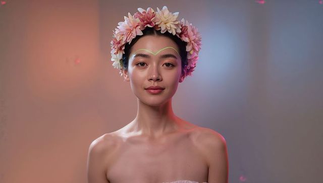Artistic Portrait of Model with Floral Crown and Neon Eyebrow Design