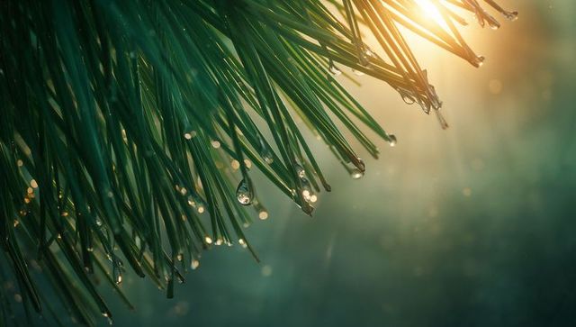 Morning Dew on Pine Needles in Sunlit Forest