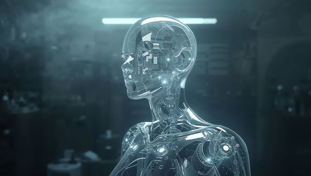 Translucent humanoid robot revealing intricate circuitry and microchips in futuristic lab