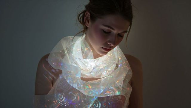 Tilting woman wearing iridescent holographic scarf reflecting prismatic light moody portrait