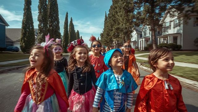 Joyful children in halloween costumes cheerfully strolling suburban street